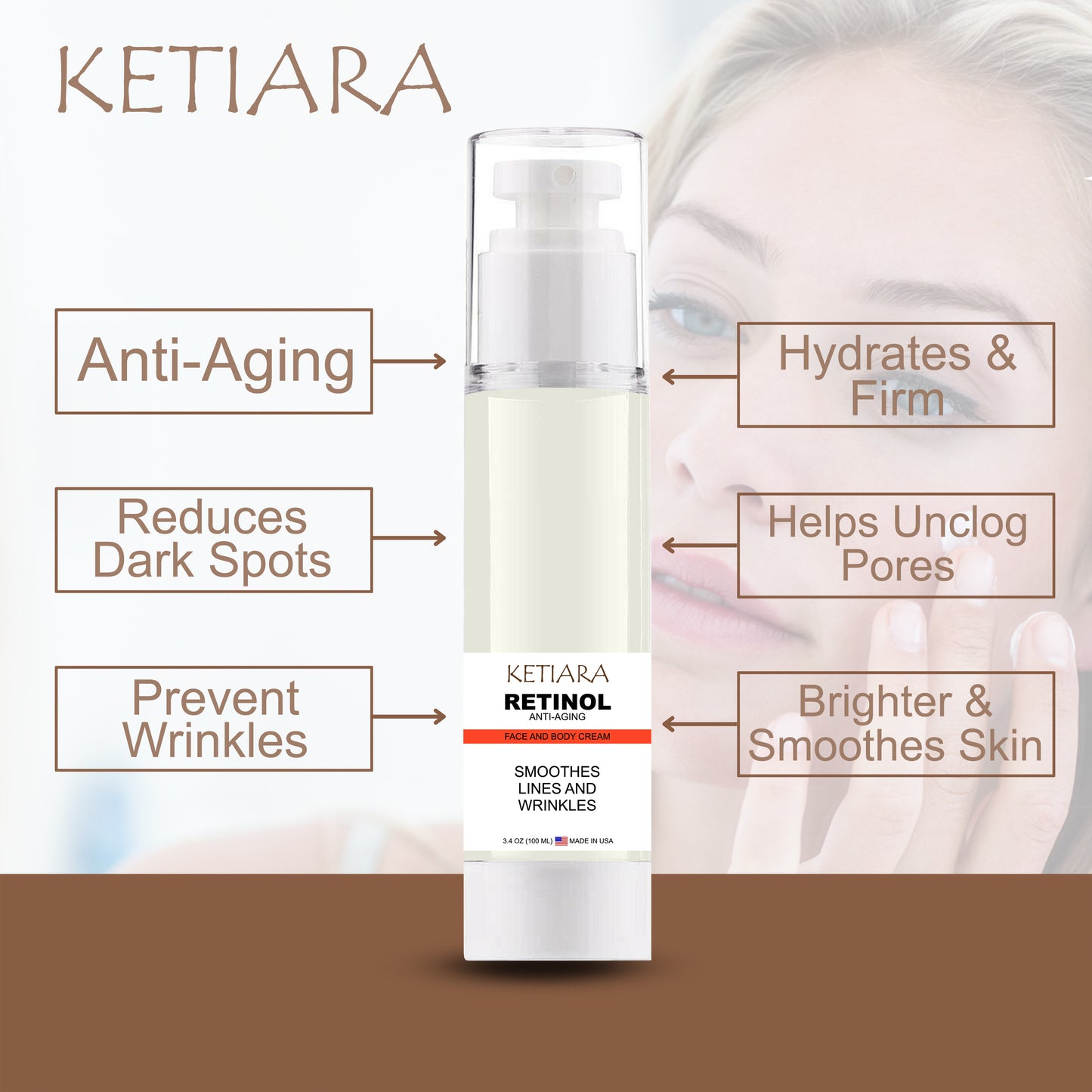 Ketiara Retinol Cream Serum For Face - Anti Aging Face Cream Serum, Brightening Cream Serum for Dark Spots, Even Skin Tone, Eye Area, Fine Lines & Wrinkles, 3.4 Fl Oz