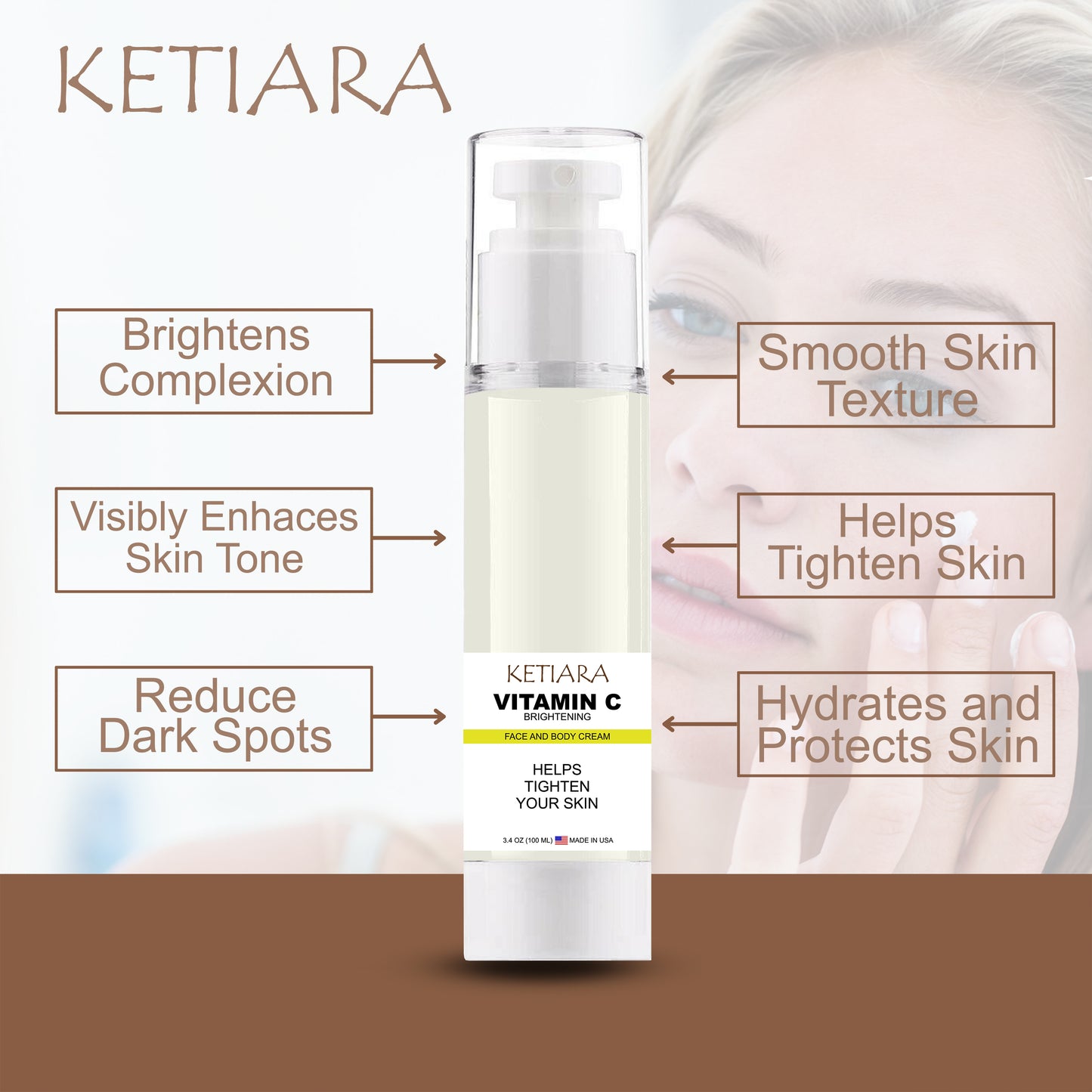 Ketiara Vitamin C Face Cream Serum – Brightening Cream Serum for Dark Spots, Uneven Skin Tone, Dryness, Hyperpigmentation & Wrinkles, 3.4 Fl Oz