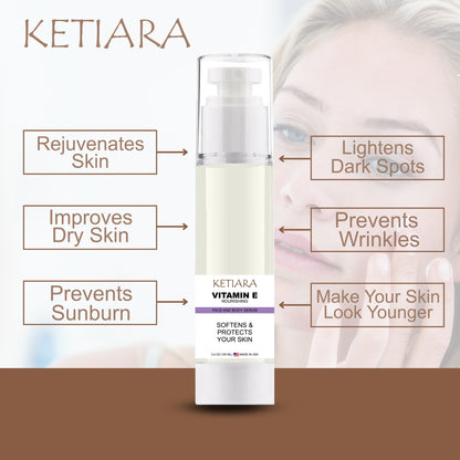 Ketiara Vitamin E Face Cream Serum Deep Moisturizing Serum, Reduces Dark Spot, Prevents Sunburn, and Reduces Hyperpigmentation, 3.4 Fl Oz