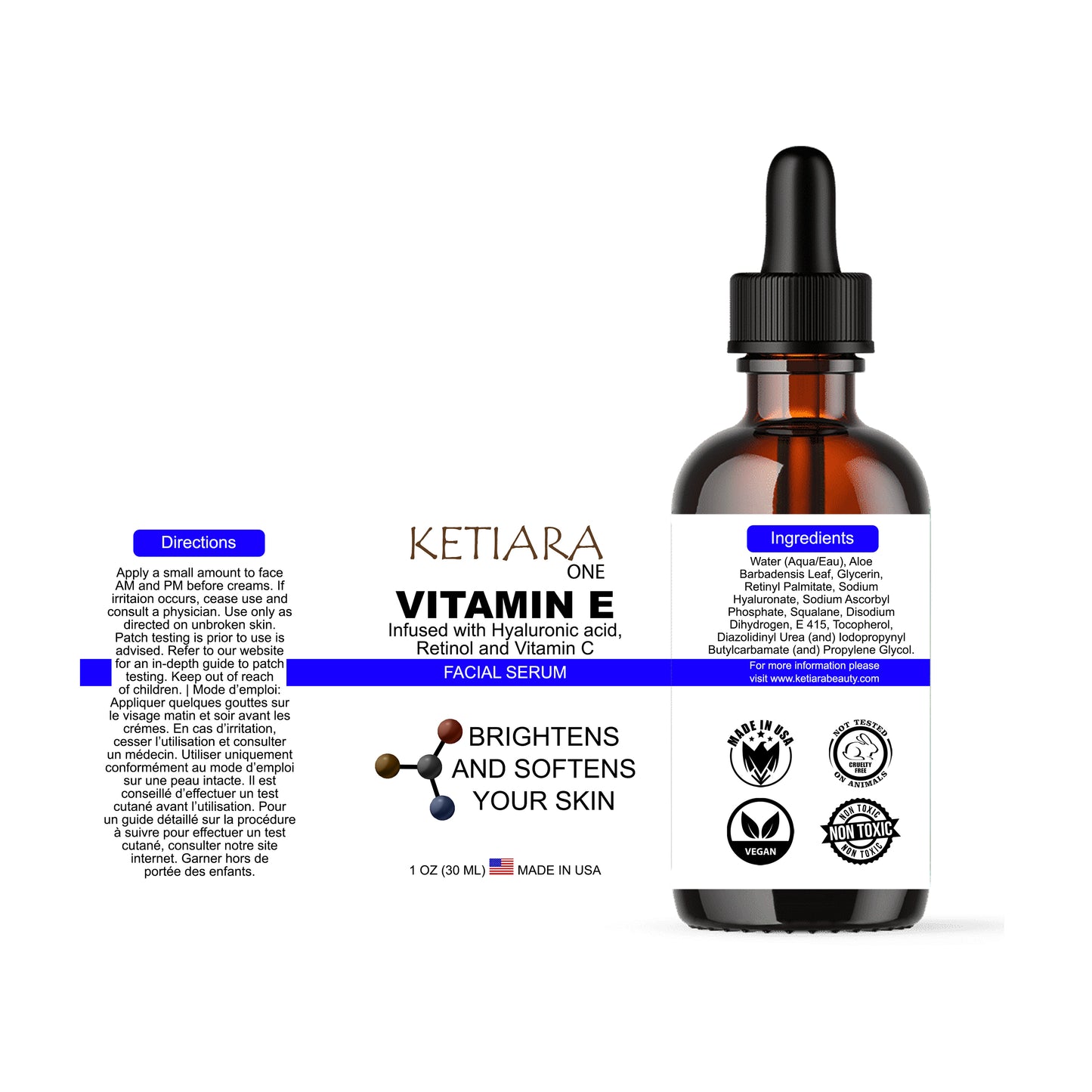 Ketiara Premium Vitamin E Face Serum with Hyaluronic Acid, Retinol and Vitamin C