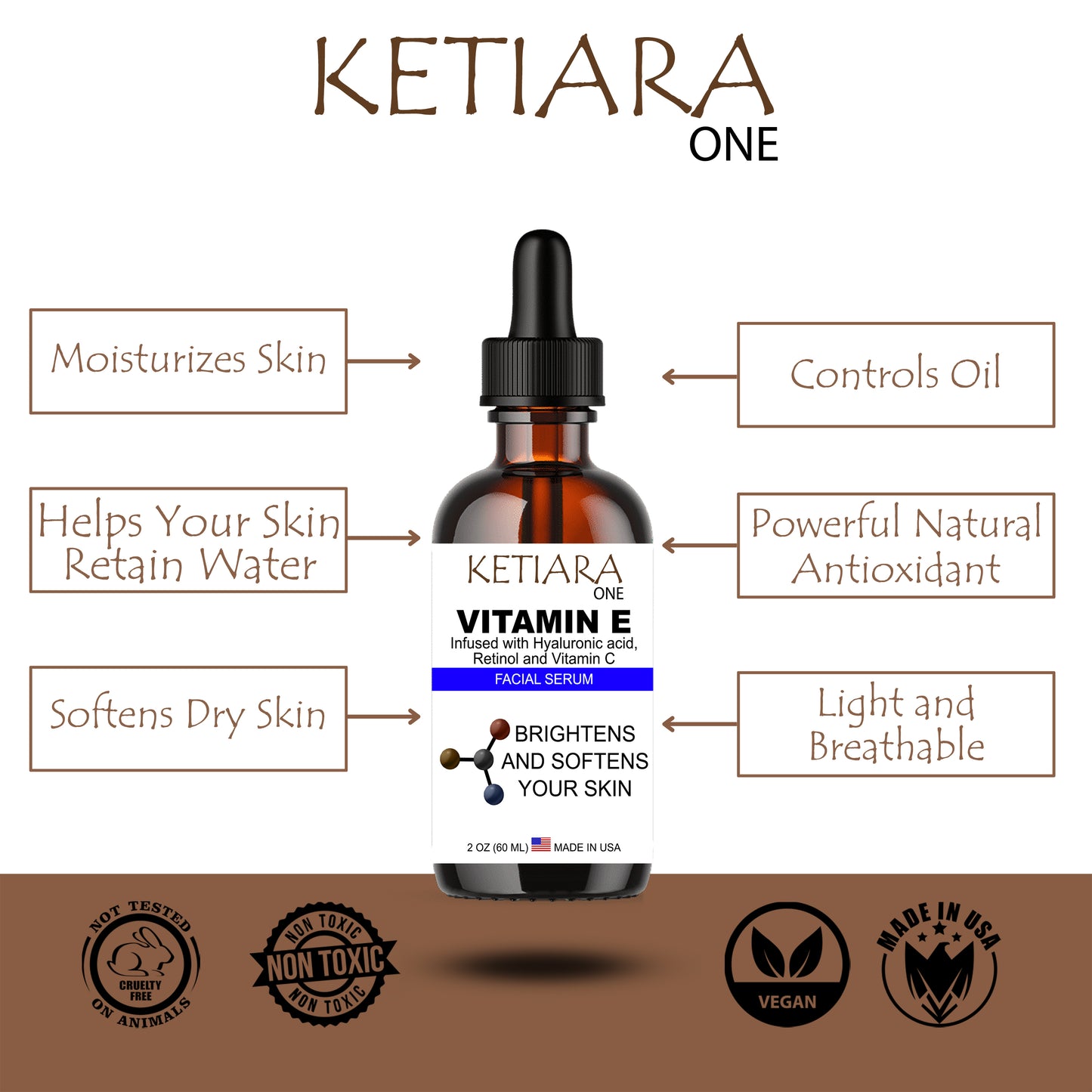 Ketiara Premium Vitamin E Face Serum with Hyaluronic Acid, Retinol and Vitamin C